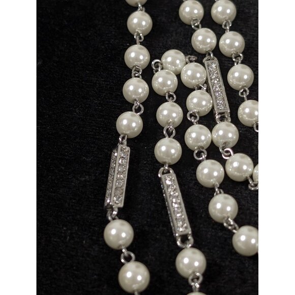 Retro White Faux Pearl Rhinestone Bar Necklace Long Layering Bridal Wedding 40" - Picture 4 of 7